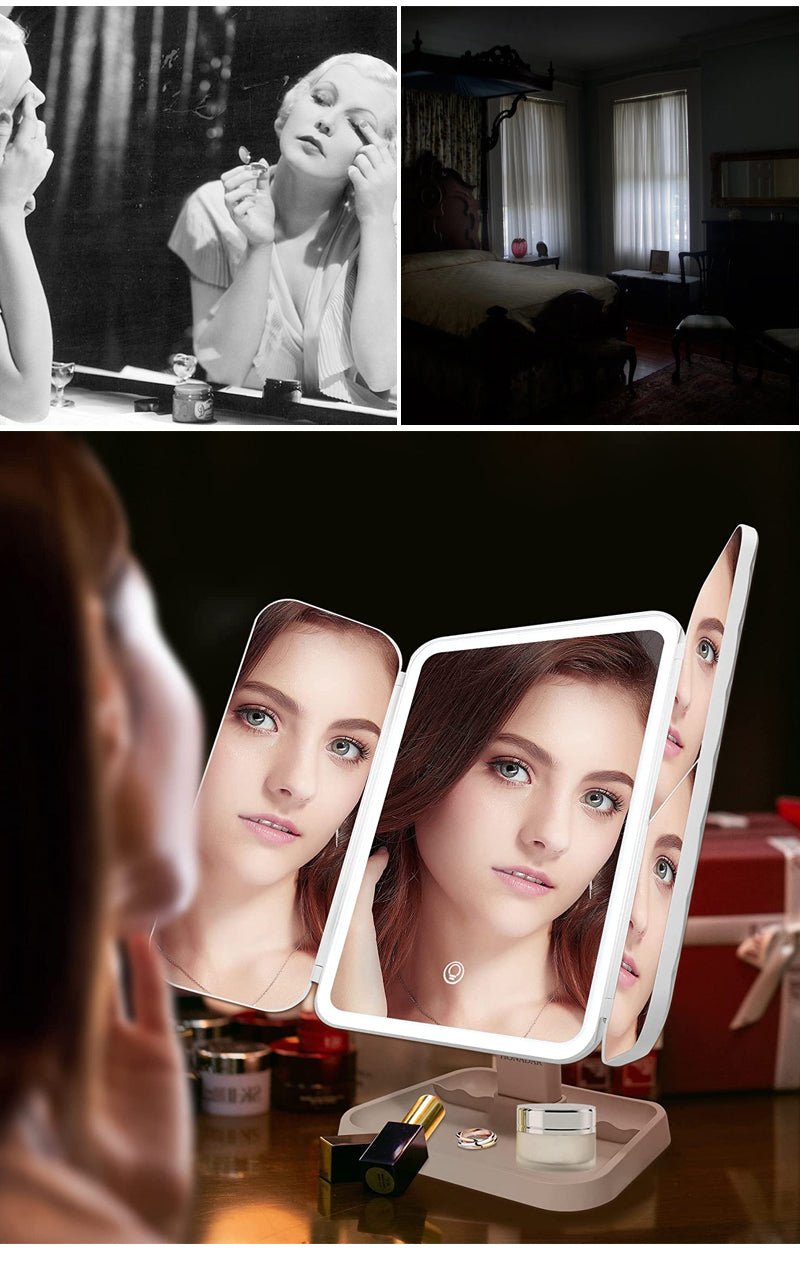 LED مرآة مكياج ثلاثية الطي بإضاءة - Makfool